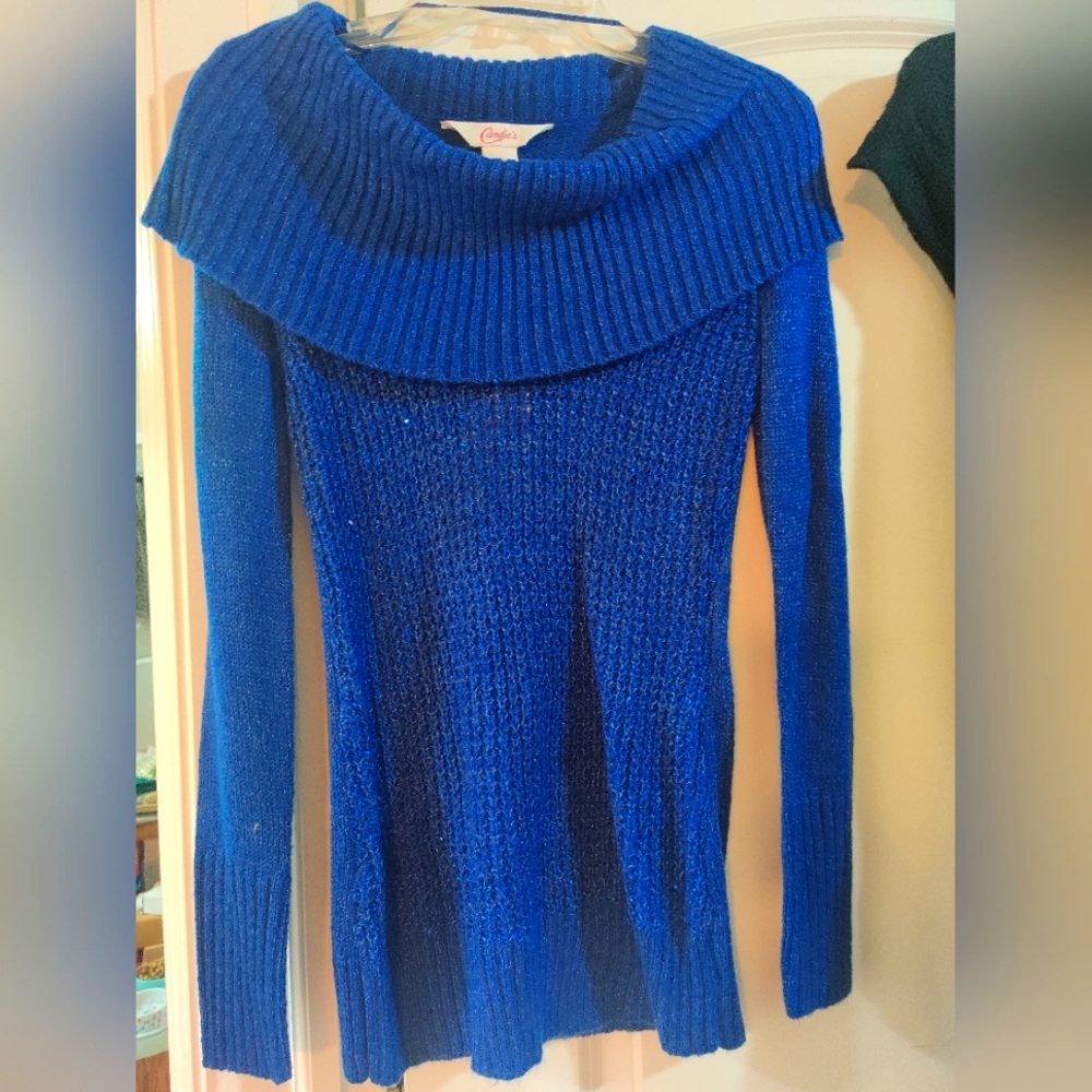 Candie's Sparkly Blue Cowl Neck Sweater M